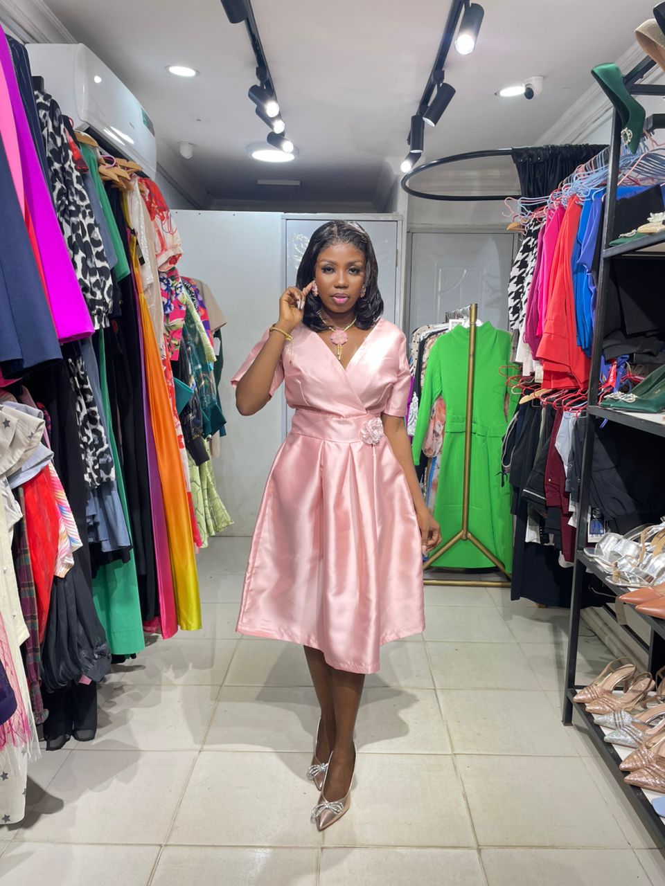 CODEMARK Peach Dress with Kissing Pleat with Flowery Brooche