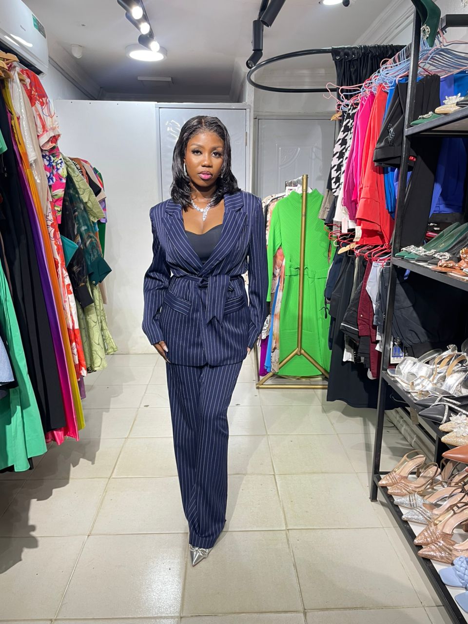 CRESCENT STRIP NAVY BLUE BELTED 2 PIECE