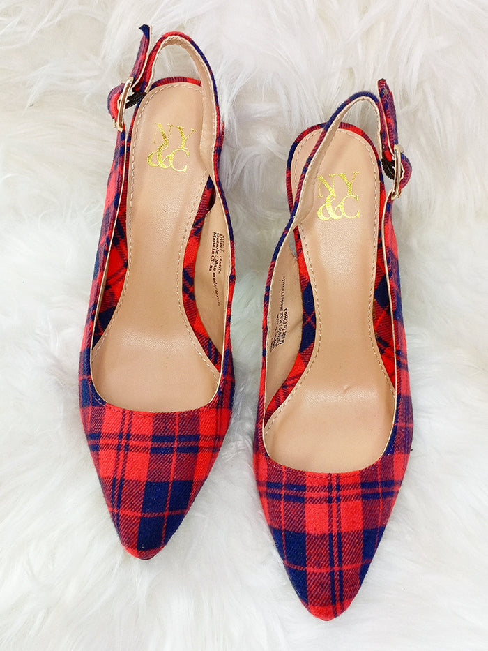 NY&C RED & BLUE PLAID SLINGBACK EVE HEEL