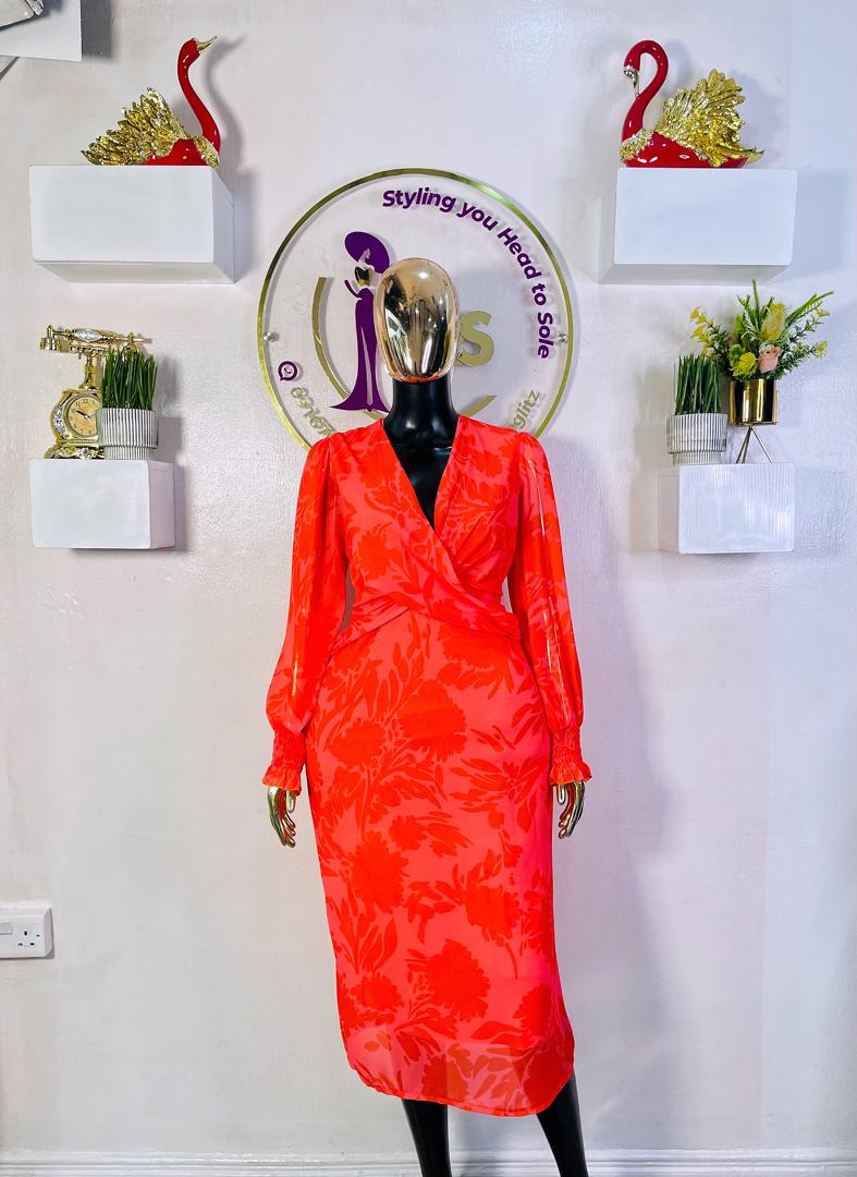 COPPERROSE DRESS ORANGE CHIFFON V-NECK DRESS