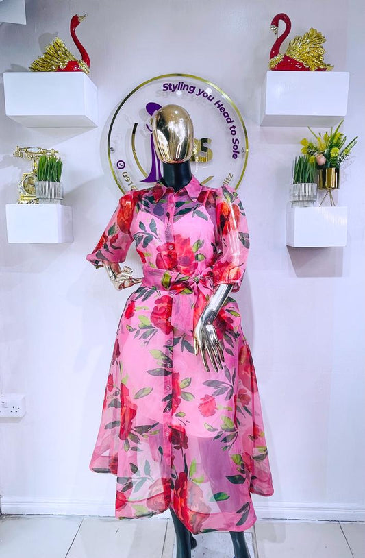 NY&C SHIRT DRESS BELTED FLOWERY ORGANZA SHIRT DRESS